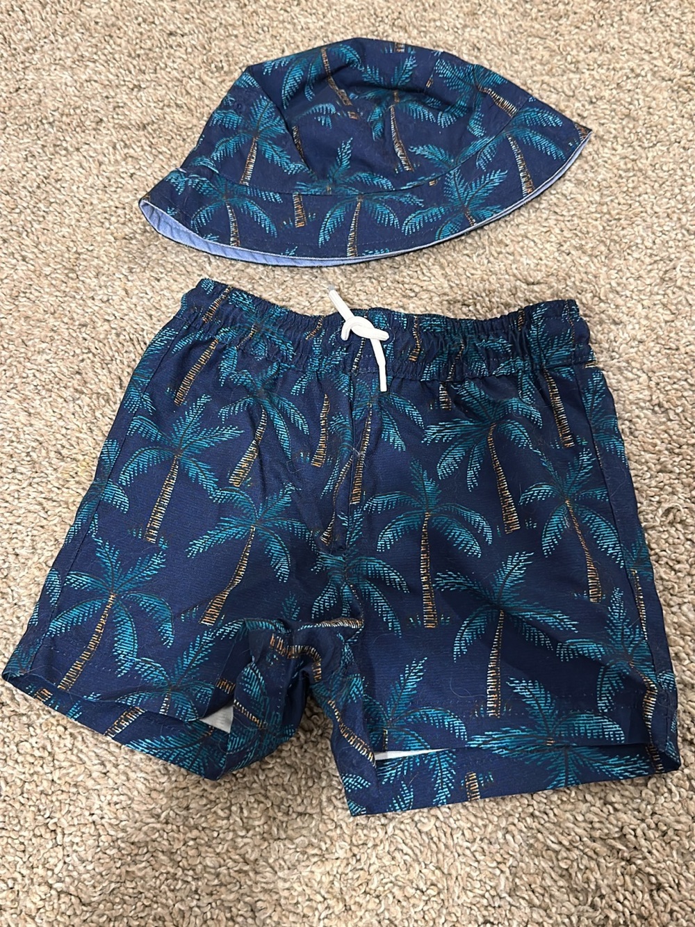 Janie & Jack Navy Palm-Print Swim Shorts with Matching Hat & Polo 12-18mth